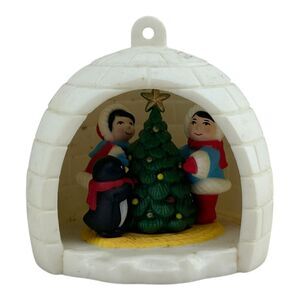 1983 Avon Winter Fun Christmas Ornament Eskimos & Penguin Igloo Vintage